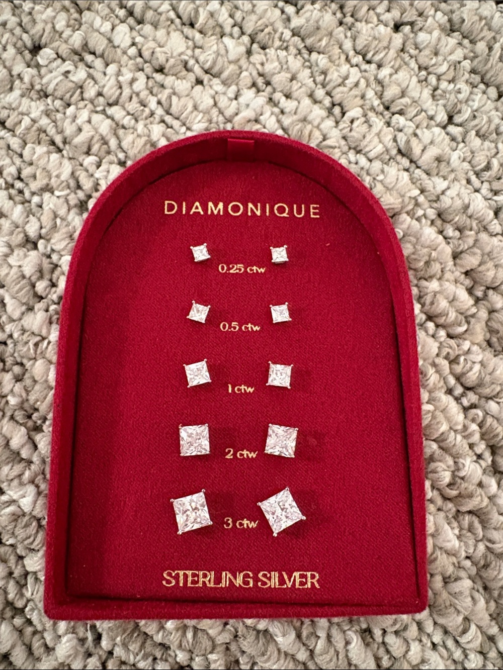 Diamonique Red Velvet Display Sterling Silver Princess-Cut Stud Set